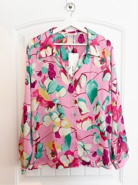 NWT ZARA Satin Effect Button-Front Long-Sleeve Blouse, Pink Floral